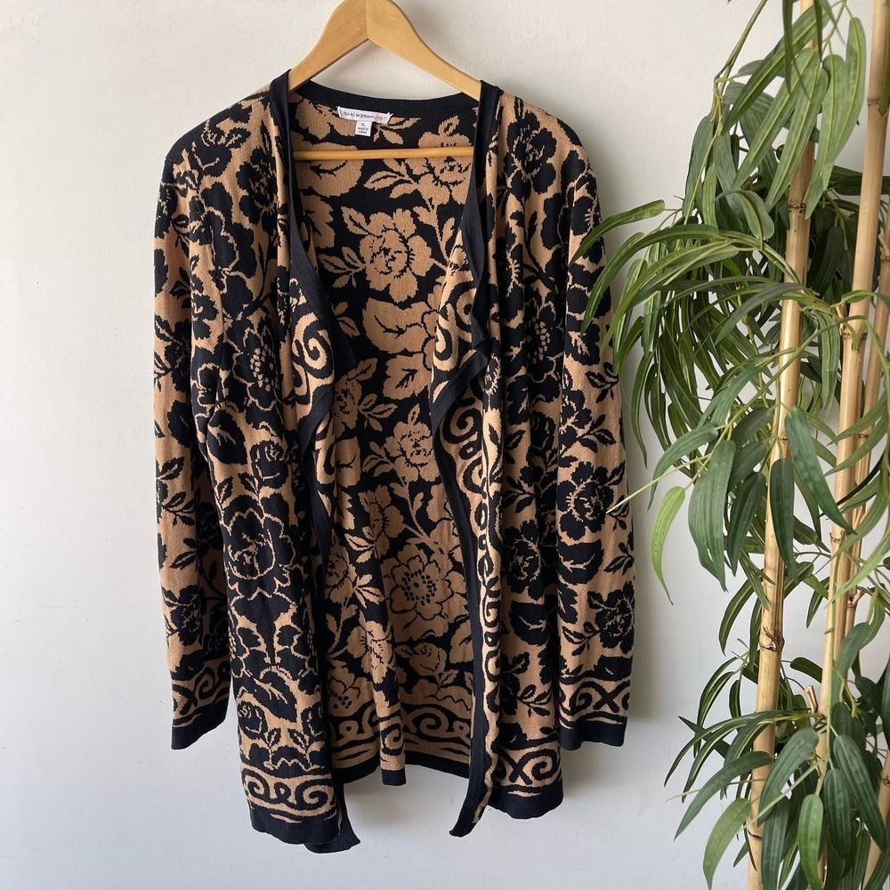 Isaac Mizrahi Live Cardigan Womens XL Brown Black Floral Knit Longsleeve Layer